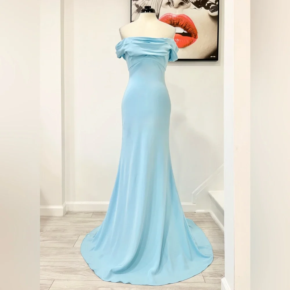 Monique Lhuillier Collection Draped Off-The-Shoulder Silk Gown Blue Maxi Dress - Picture 4 of 15